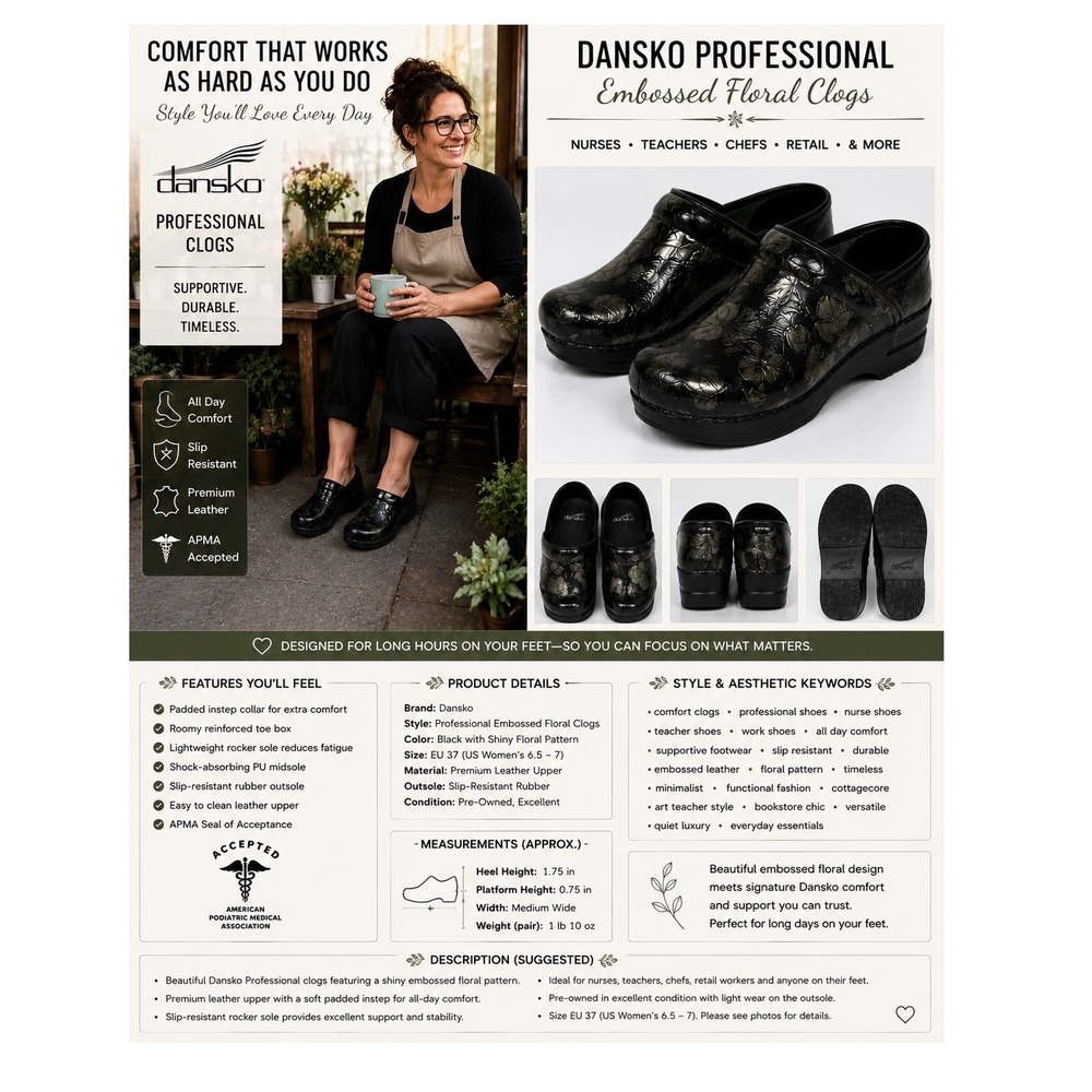 Dansko Professional Black Patent Silver Floral‎ Etched Clogs Shoes Womens 37